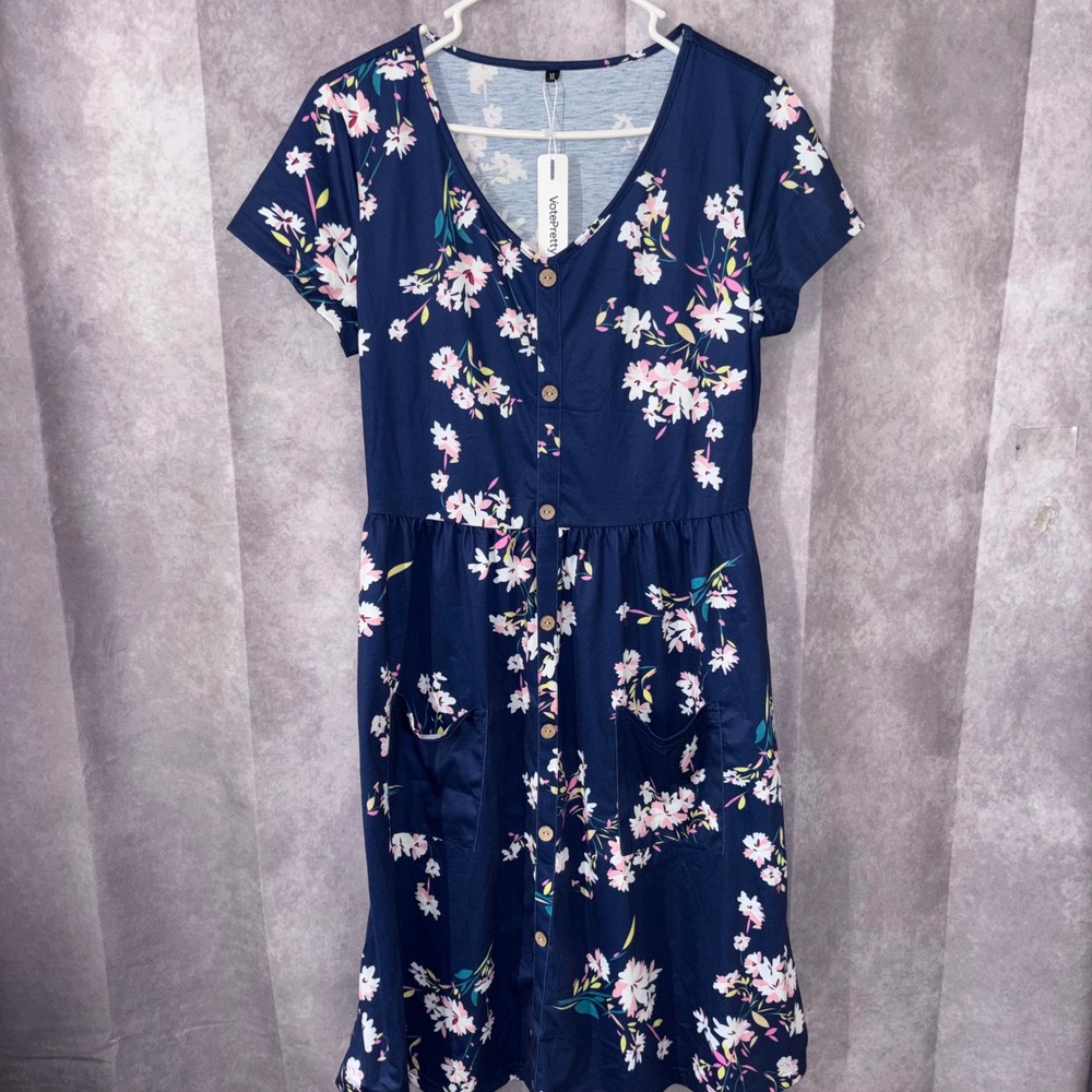 NWT VotePretty Women‎ Medium Navy Blue Floral Boho CottageCore Summer Dress